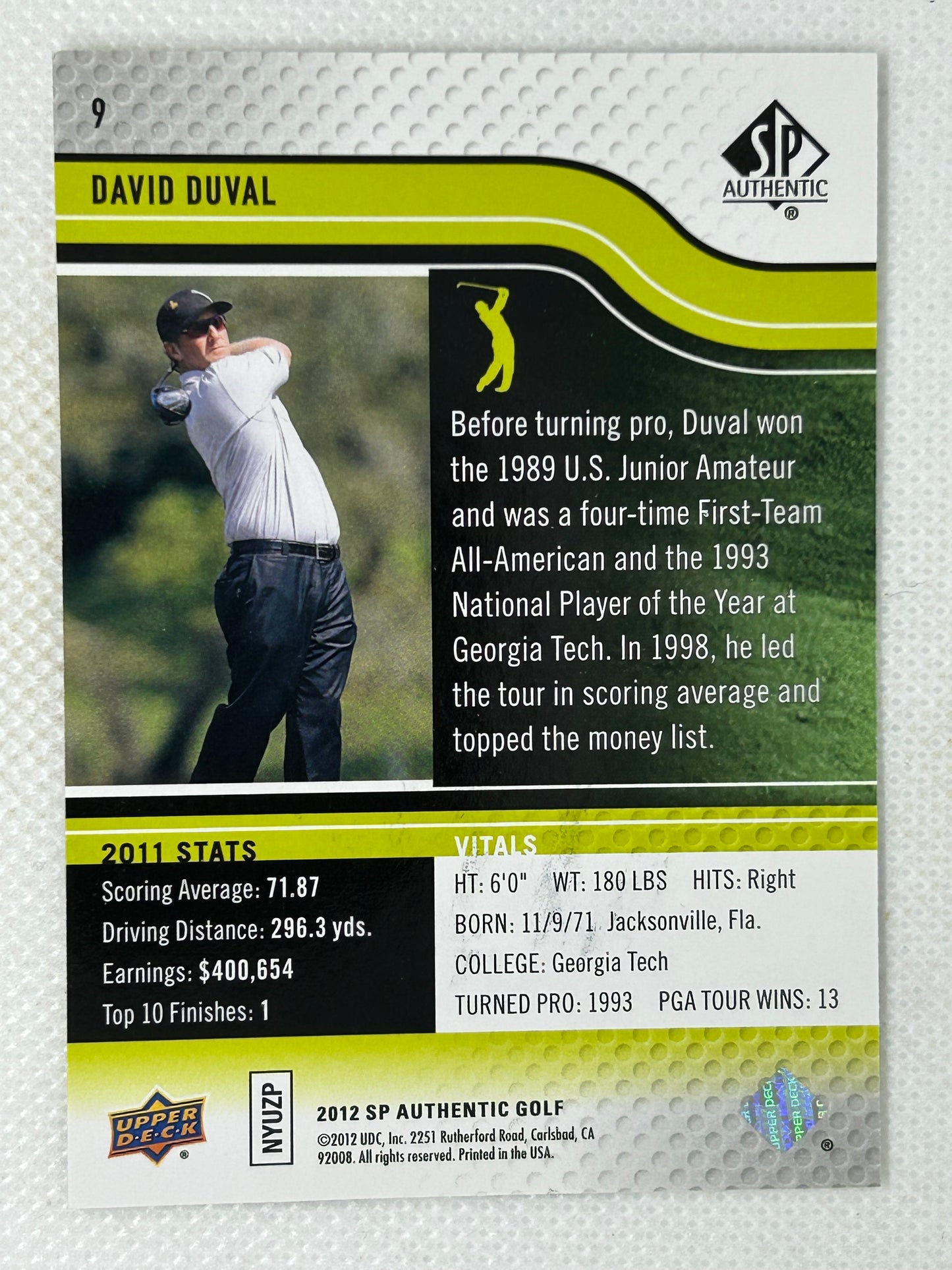 2012 SP Authentic #9 David Duval Signed Card