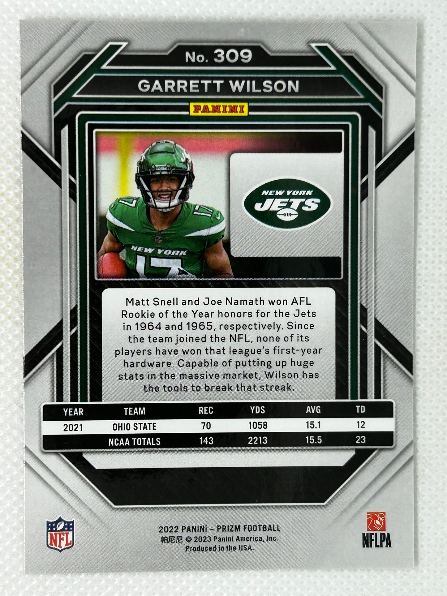 2022 Panini Prizm Rookie Card Garrett Wilson #309 New York Jets