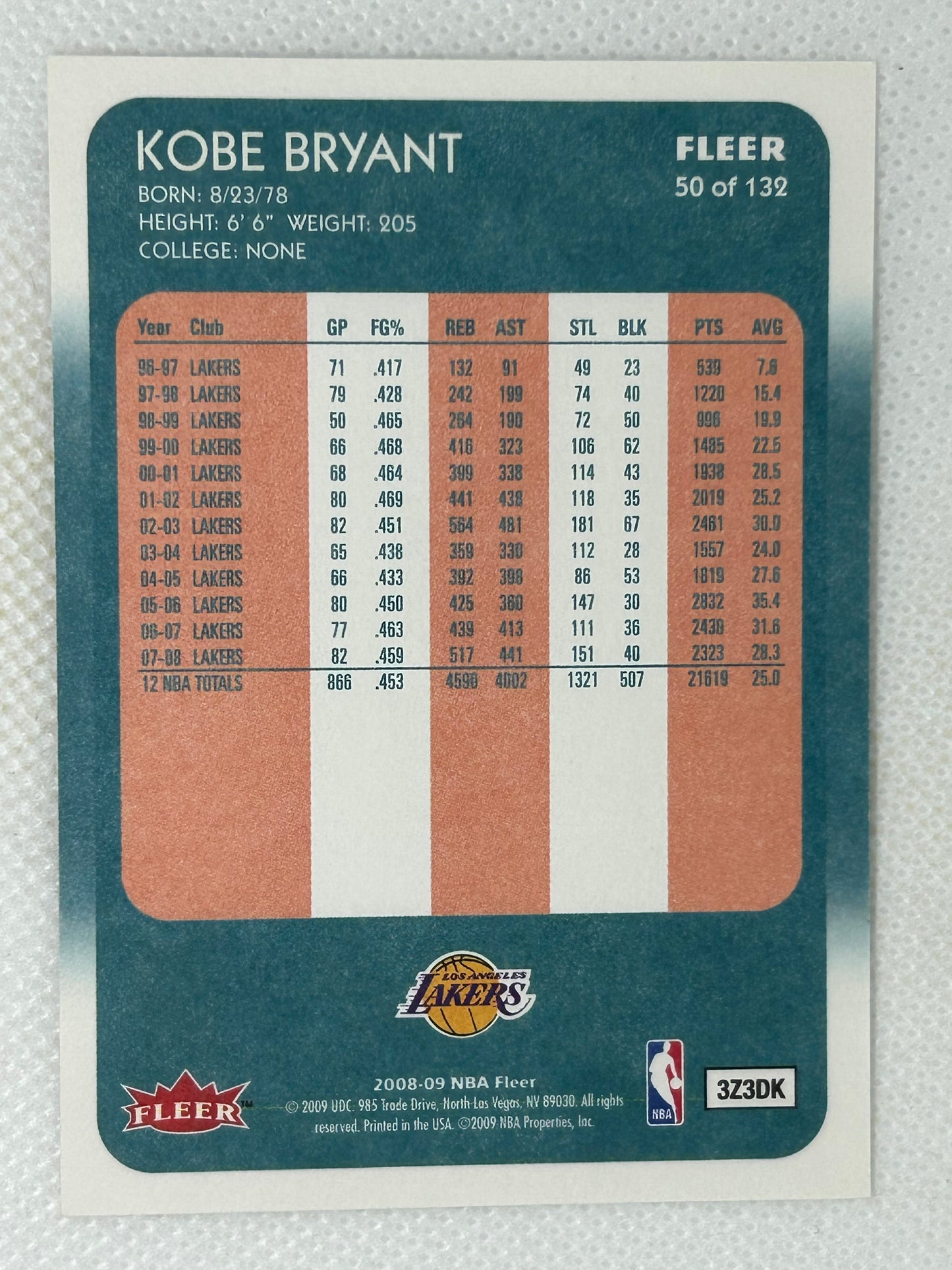 2008-09 Fleer Kobe Bryant Retro 1988-89 #50 Rare Insert Los Angeles Lakers
