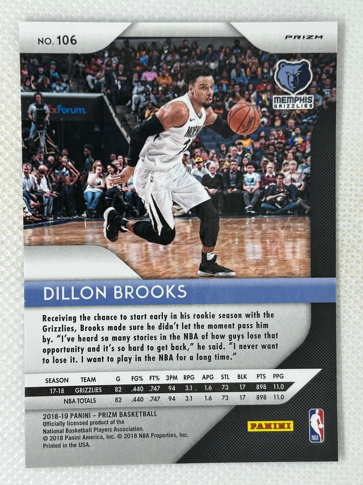 2018-19 Panini Prizm Red White & Blue Dillon Brooks #106 Memphis Grizzlies