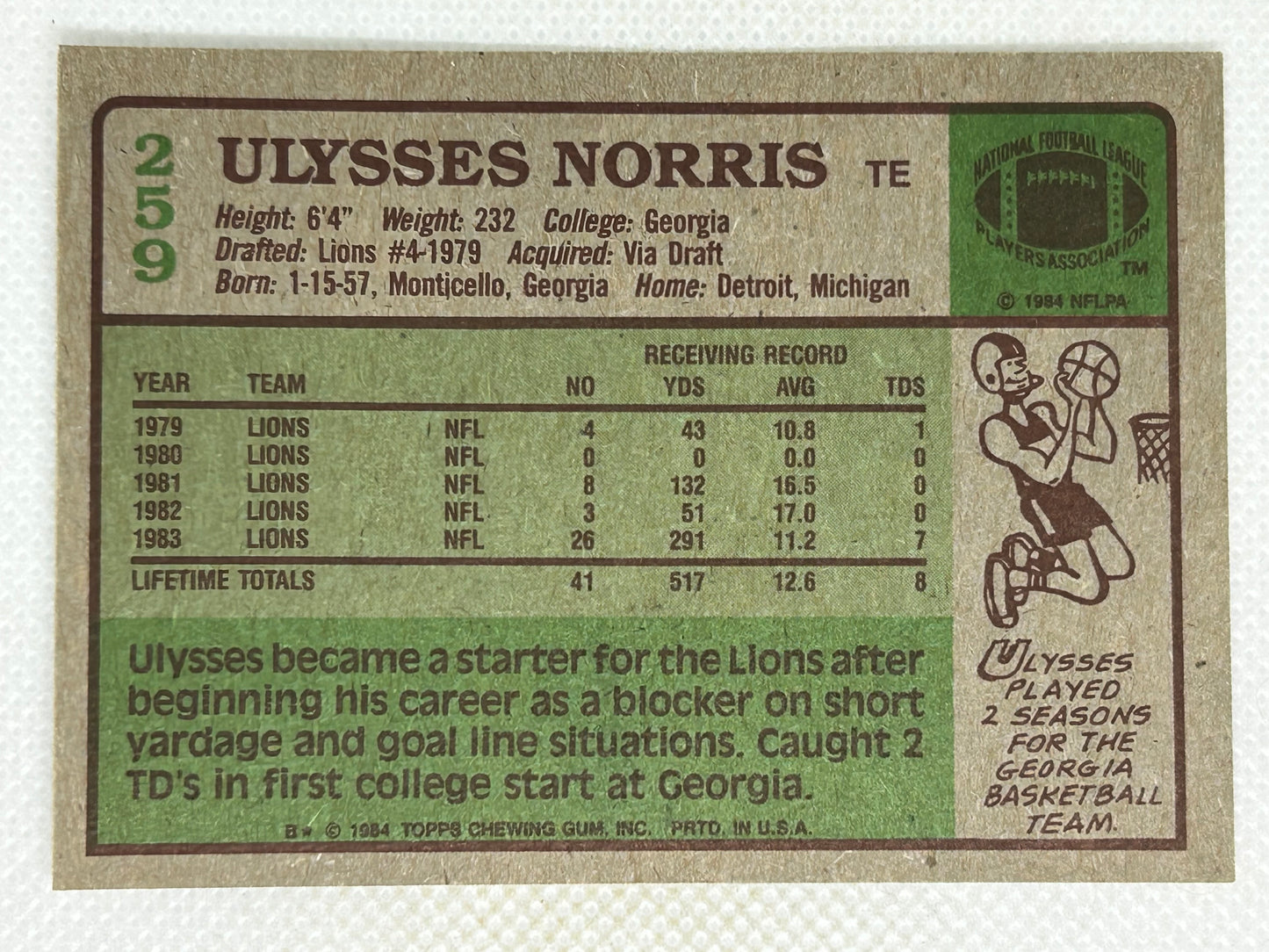 1984 Topps #259 Ulysses Norris Detroit Lions Signed Card