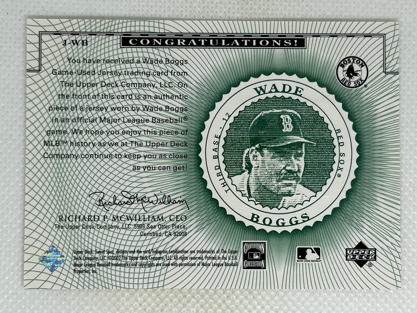 2002 Upper Deck Sweet Spot Classics Game-Used Jerseys Wade Boggs #J-WB Boston Red Sox Signed Card (Slight Damage)