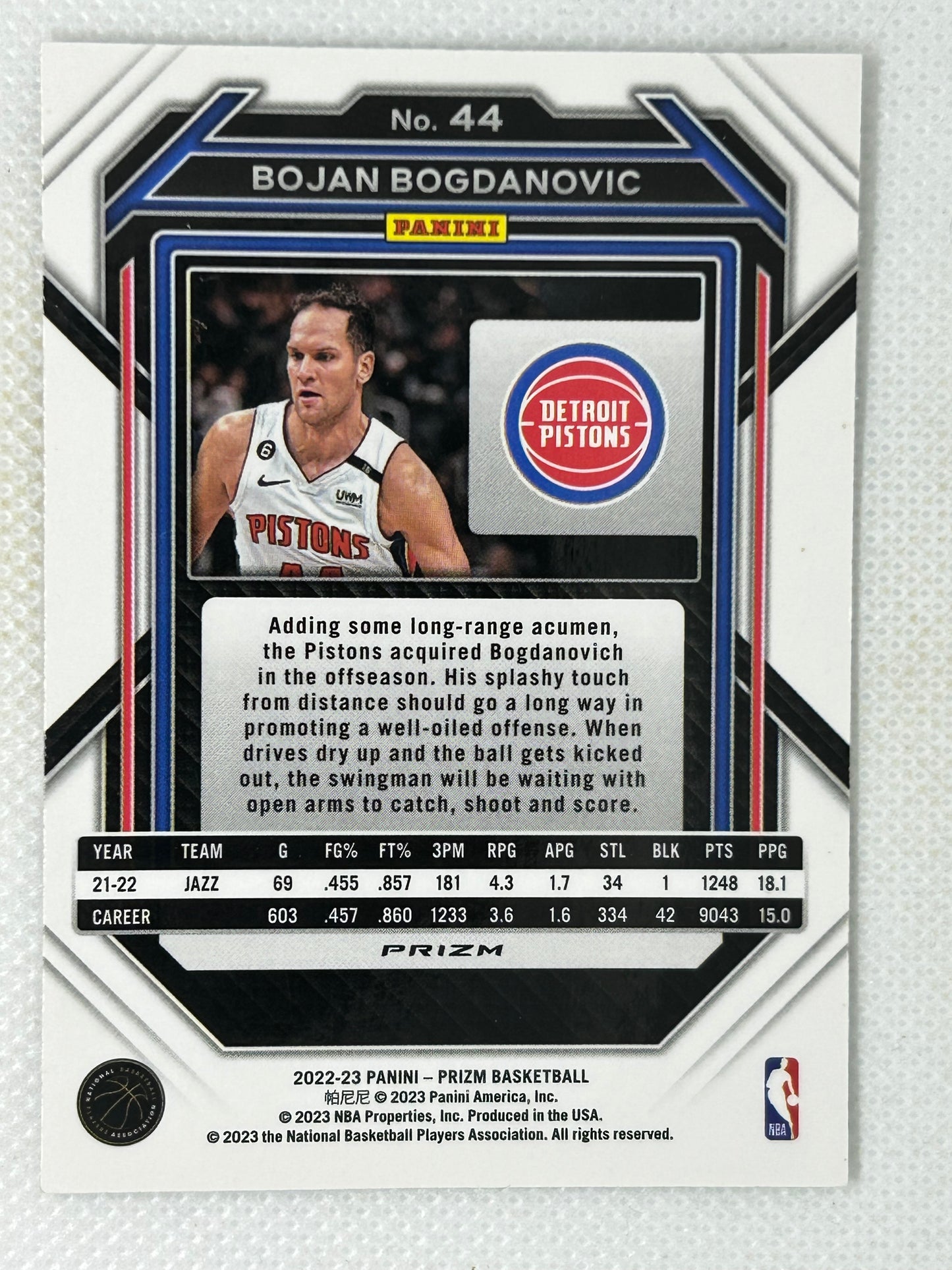 2022-23 Panini Prizm Bojan Bogdanovic Silver Prizm #44 Detroit Pistons