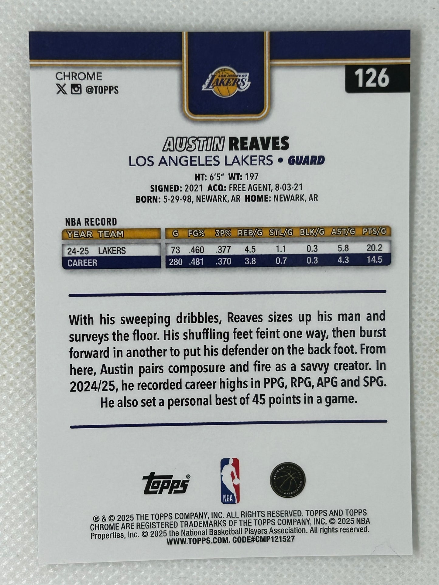 2025-26 Topps Chrome Austin Reaves Refractor #126 Los Angeles Lakers