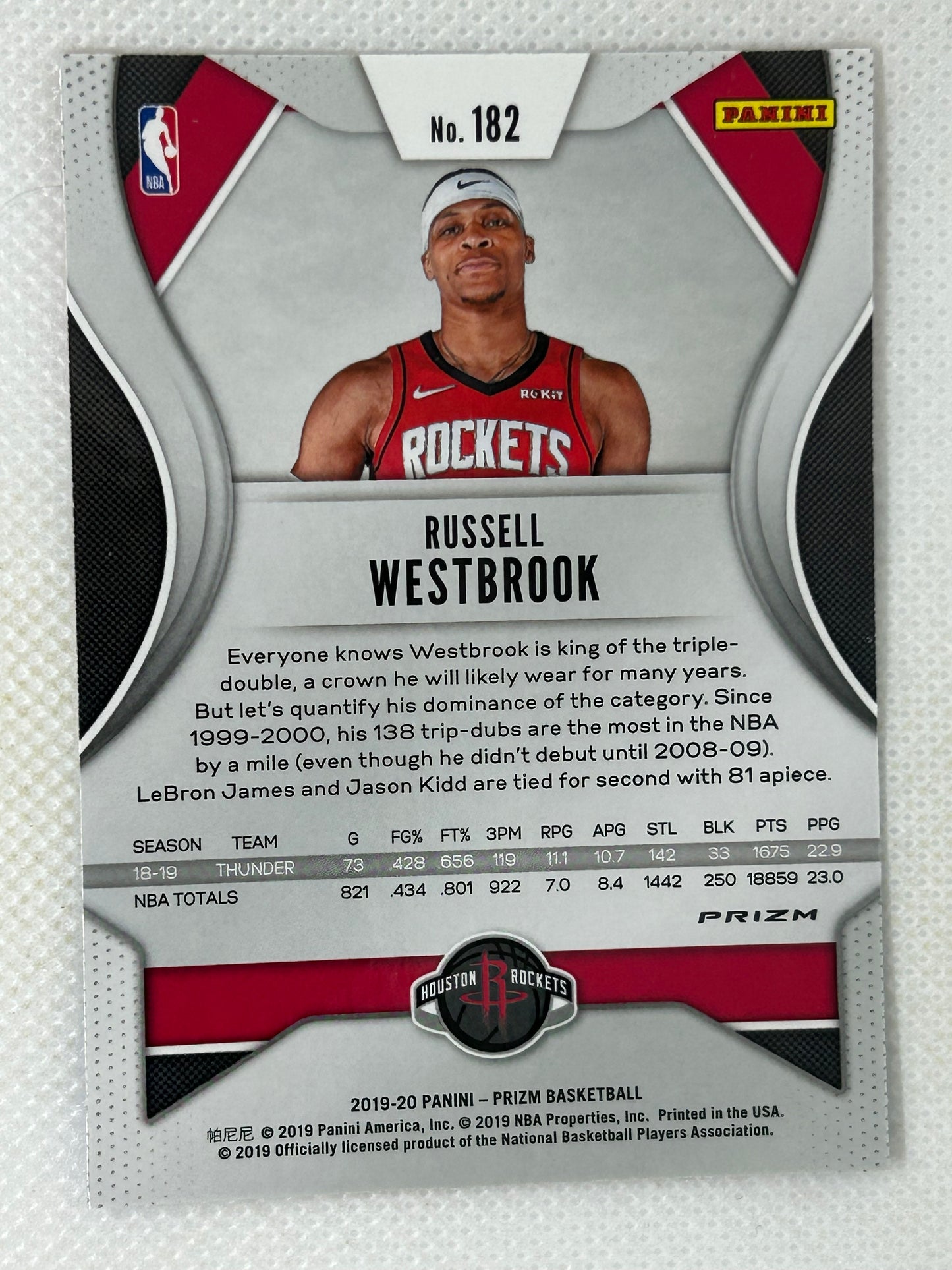 2019-20 Panini Prizm #182 Russell Westbrook Red White & Blue Houston Rockets