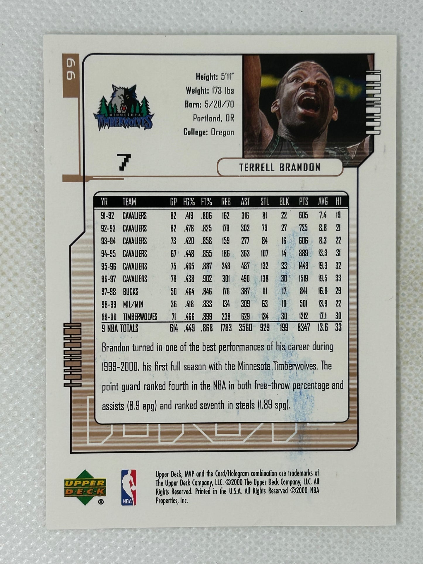 2000-01 Upper Deck MVP Terrell Brandon #99 Minnesota Timberwolves Signed Card