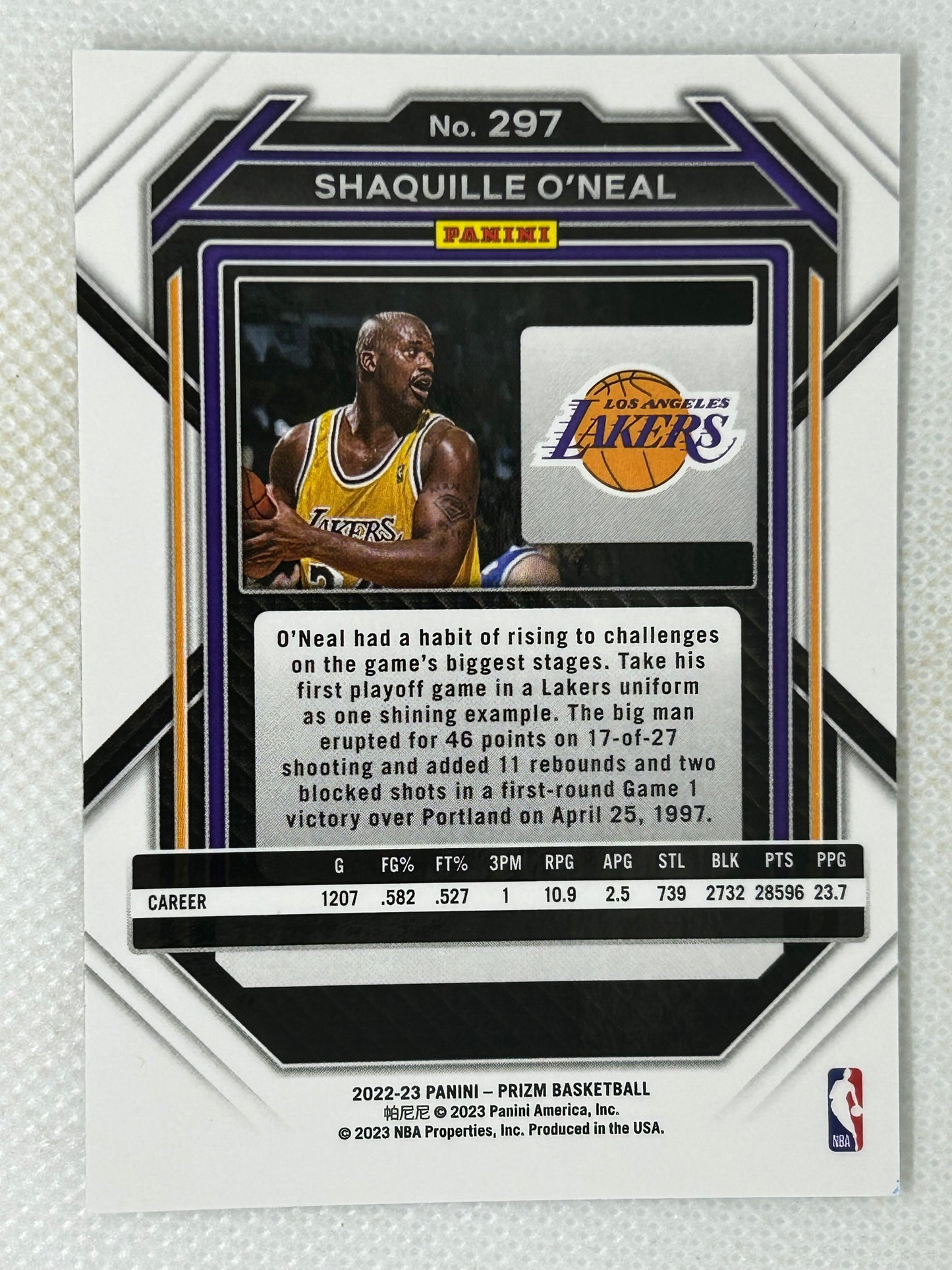 2022-23 Panini Prizm #297 Shaquille O'Neal Los Angeles Lakers Signed Card