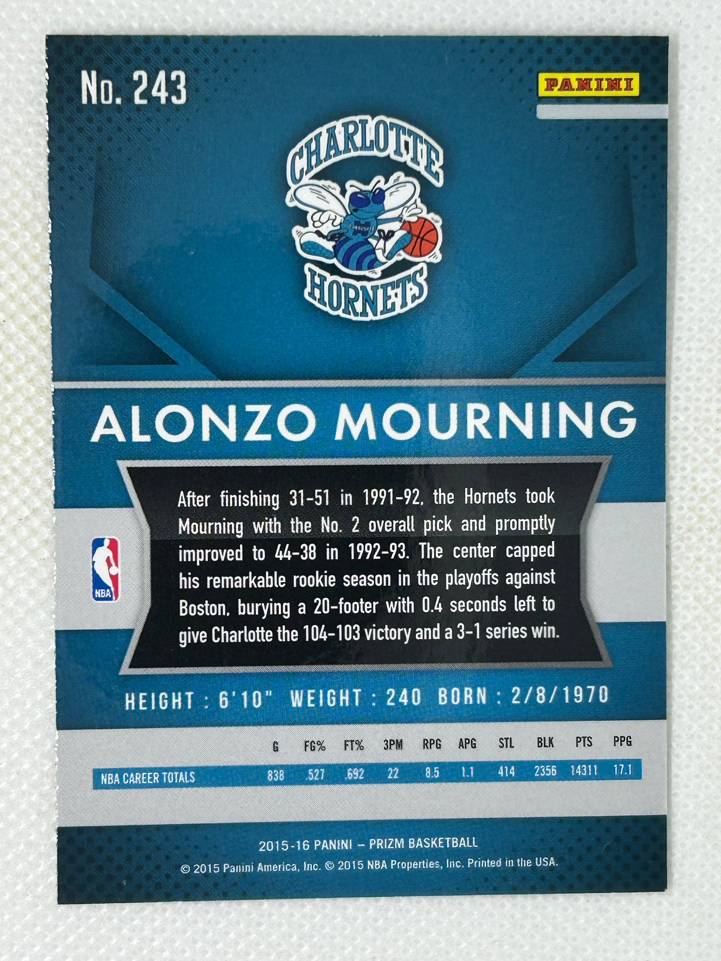 2015-16 Panini Prizm #243 Alonzo Mourning Charlotte Hornets Signed Card