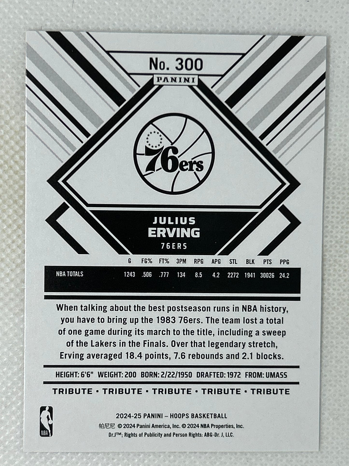 2024-25 Panini NBA Hoops - Hoops Tribute Julius Erving #300 Philadelphia 76ers