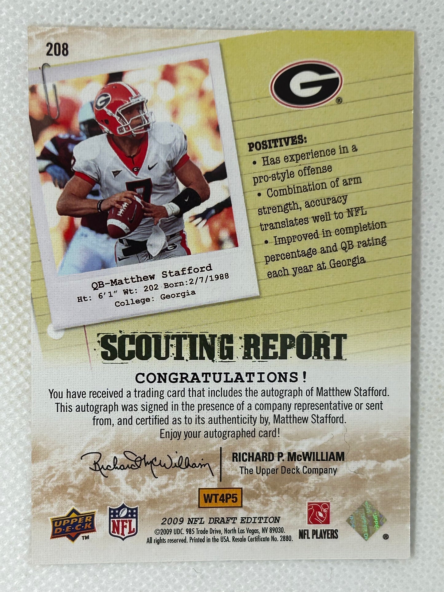 2009 Upper Deck Draft Scouting Report 7/25 #208 Jersey Numbered Autograph Matthew Stafford Detroit Lions