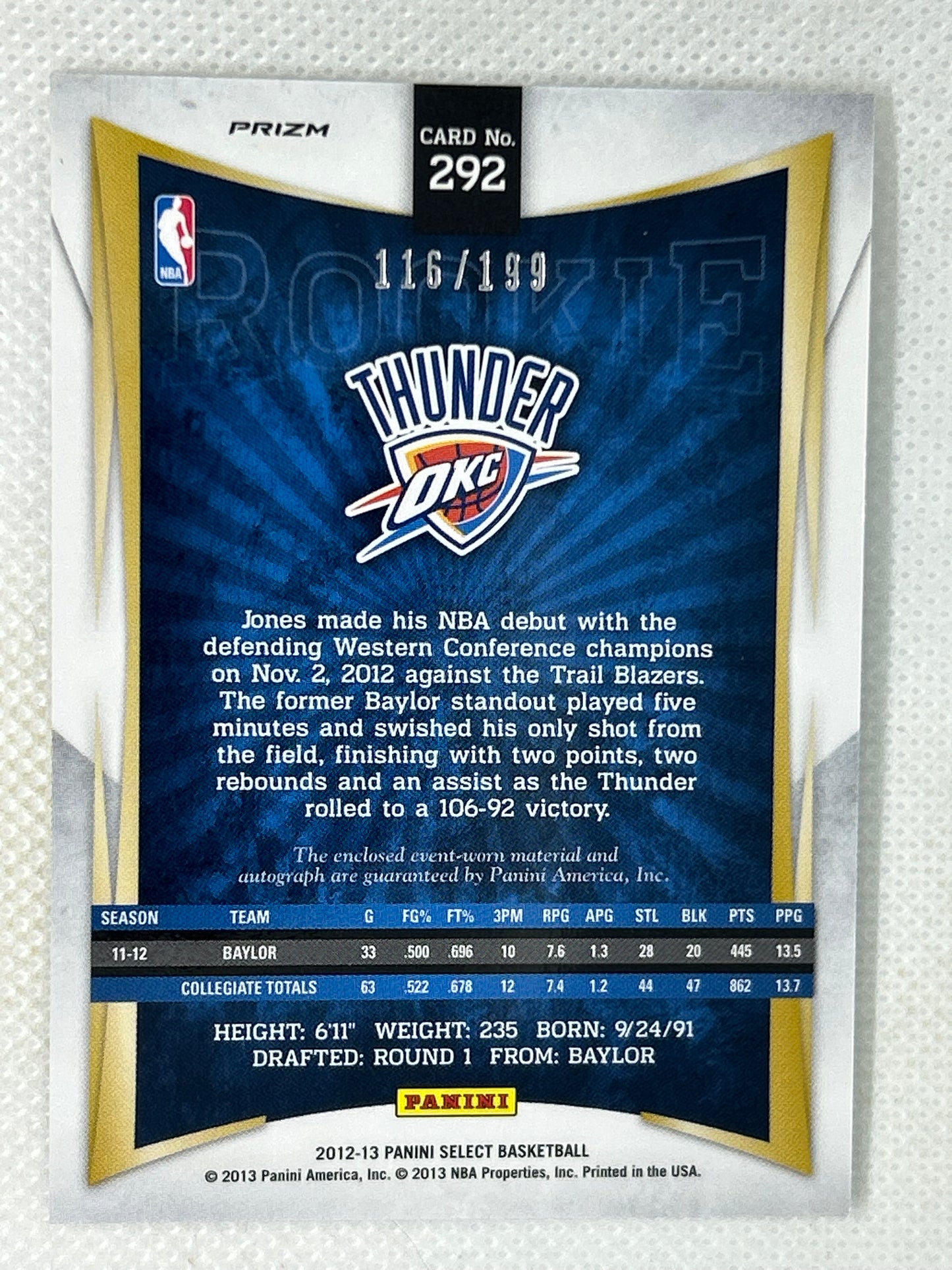 2012-13 Panini Select Silver Prizm Rookie Autograph /199 Perry Jones III #292 Oklahoma City Thunder