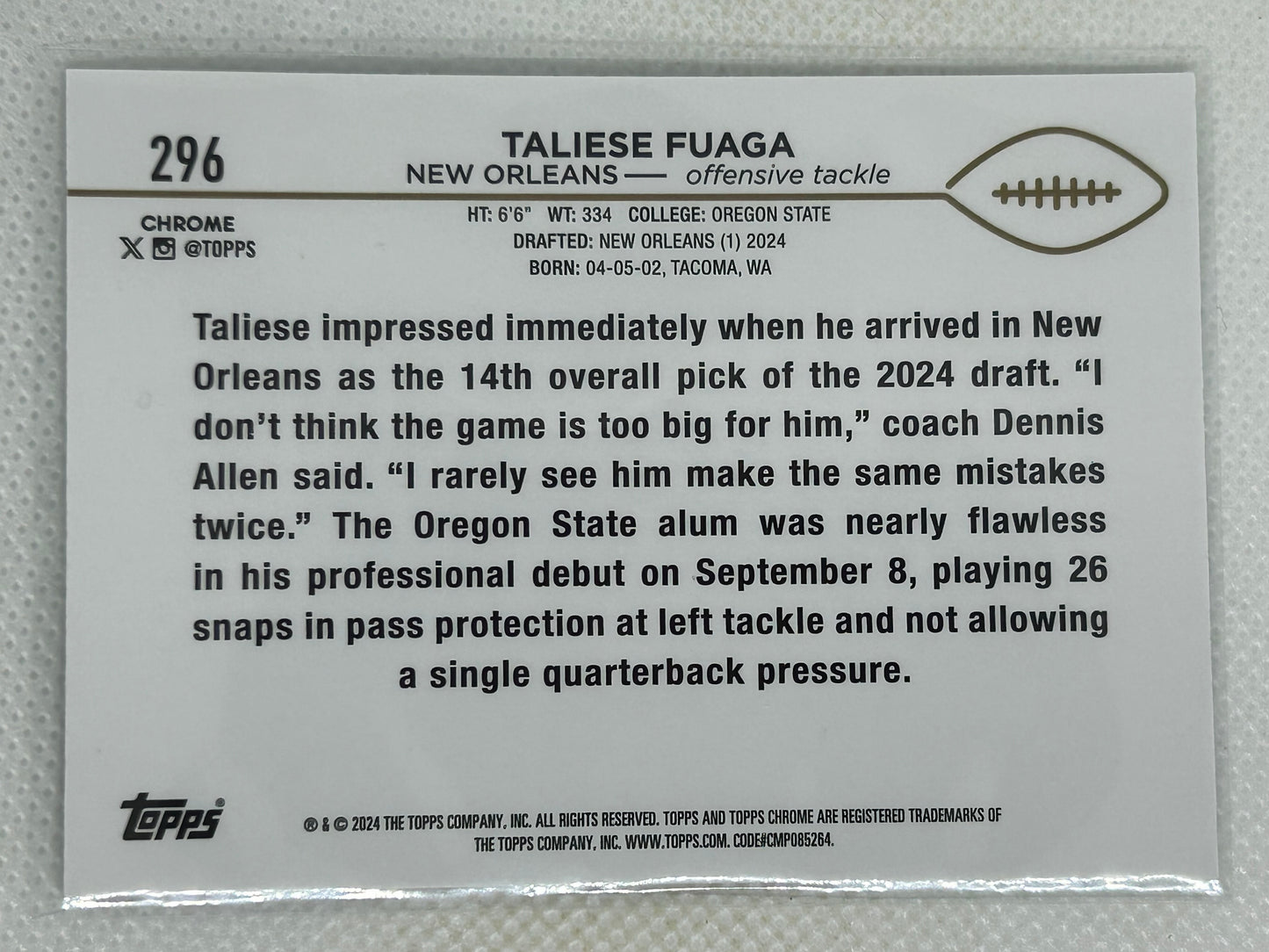 2024 Topps Chrome Rookie Card Taliese Fuaga #296 New Orleans Saints