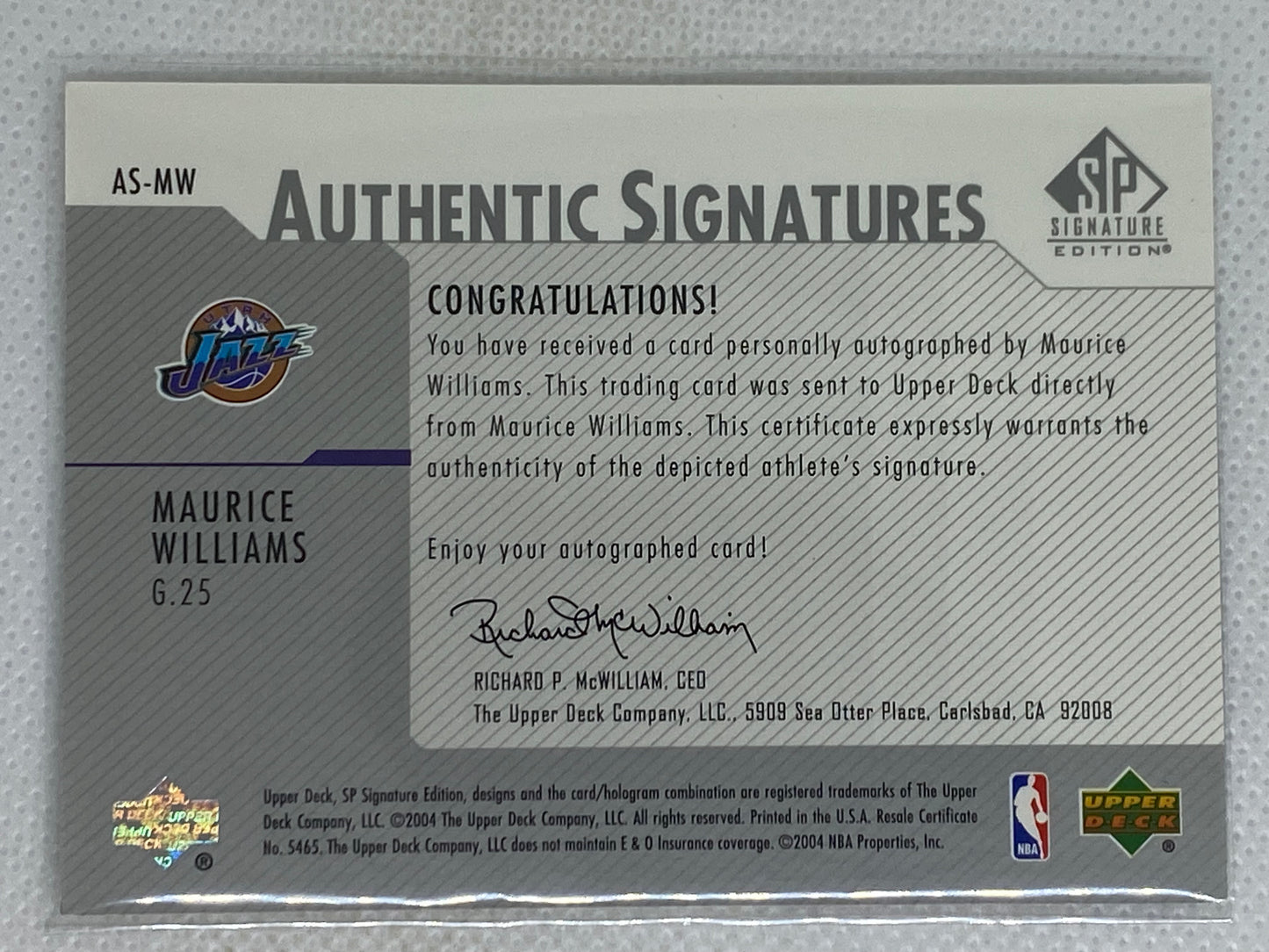 2003-04 Upper Deck SP Authentic Maurice Williams #MW-A Signatures Autograph Utah Jazz