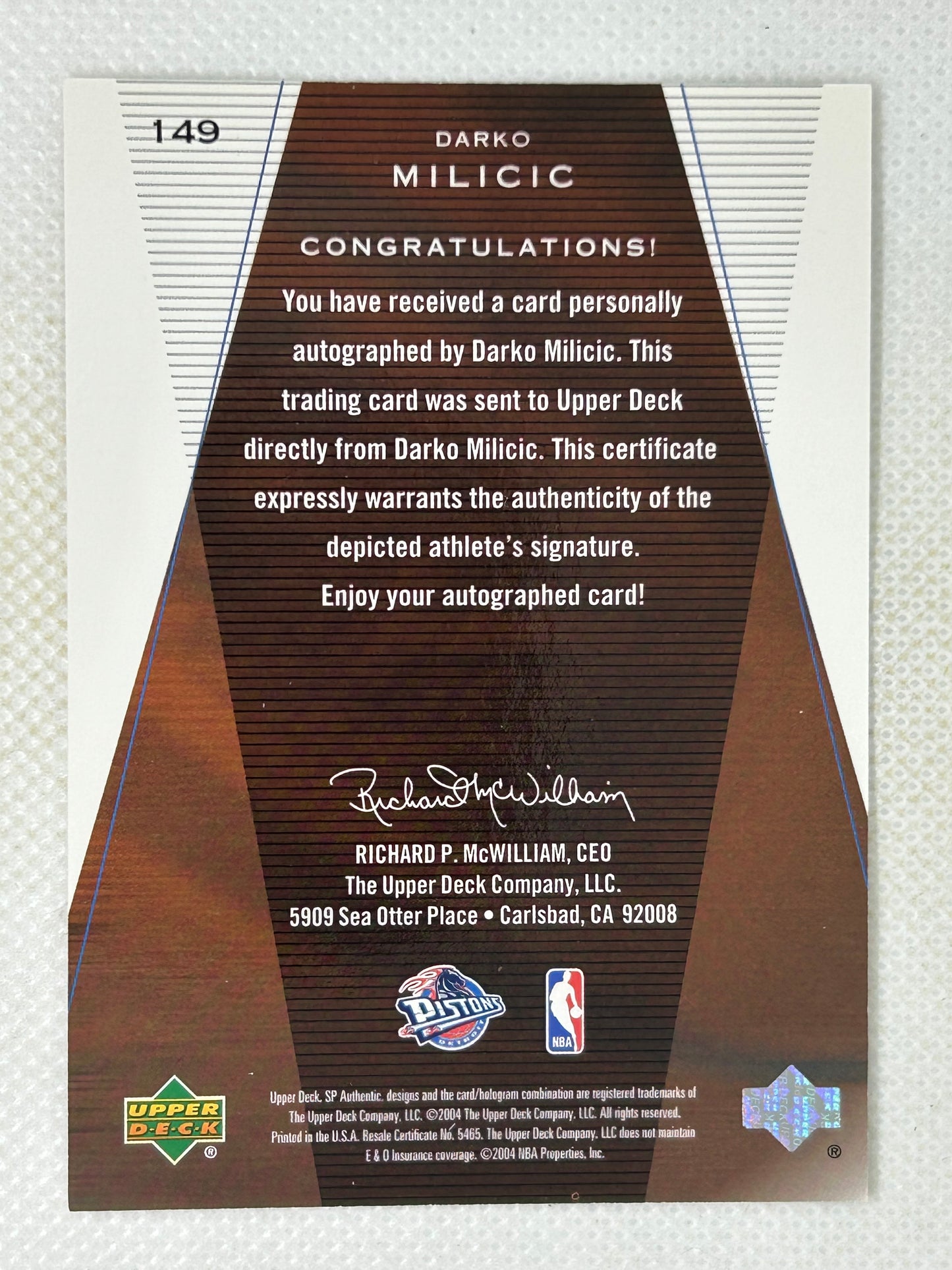 2003-04 SP Authentic Darko Milicic Rookie Authentics Autograph /500 #149 Detroit Pistons