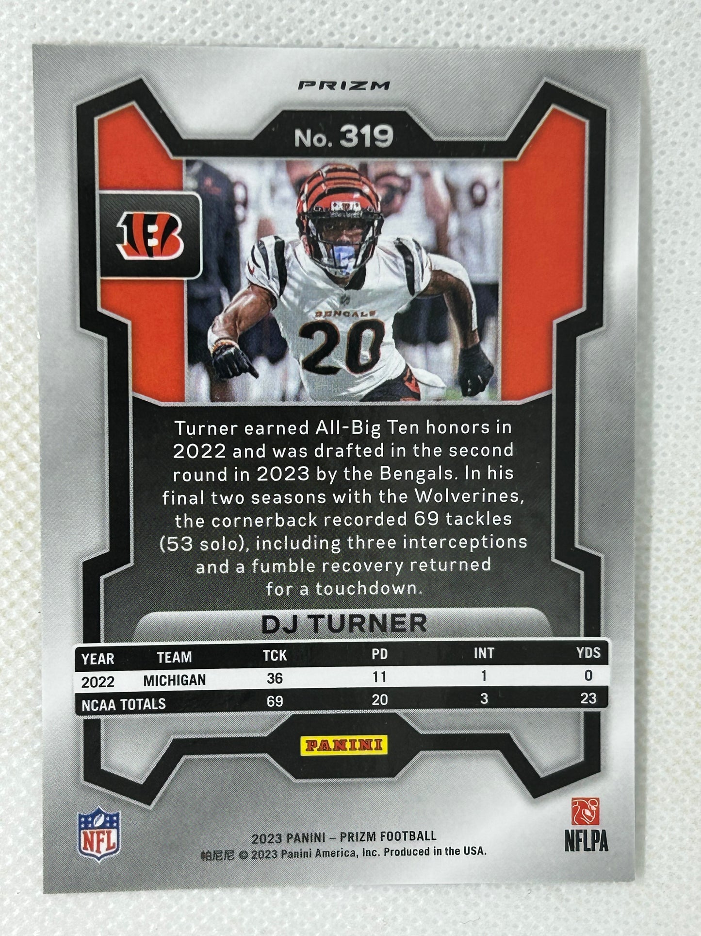 2023 Panini Prizm Silver Prizm Rookie DJ Turner #319 Cincinnati Bengals