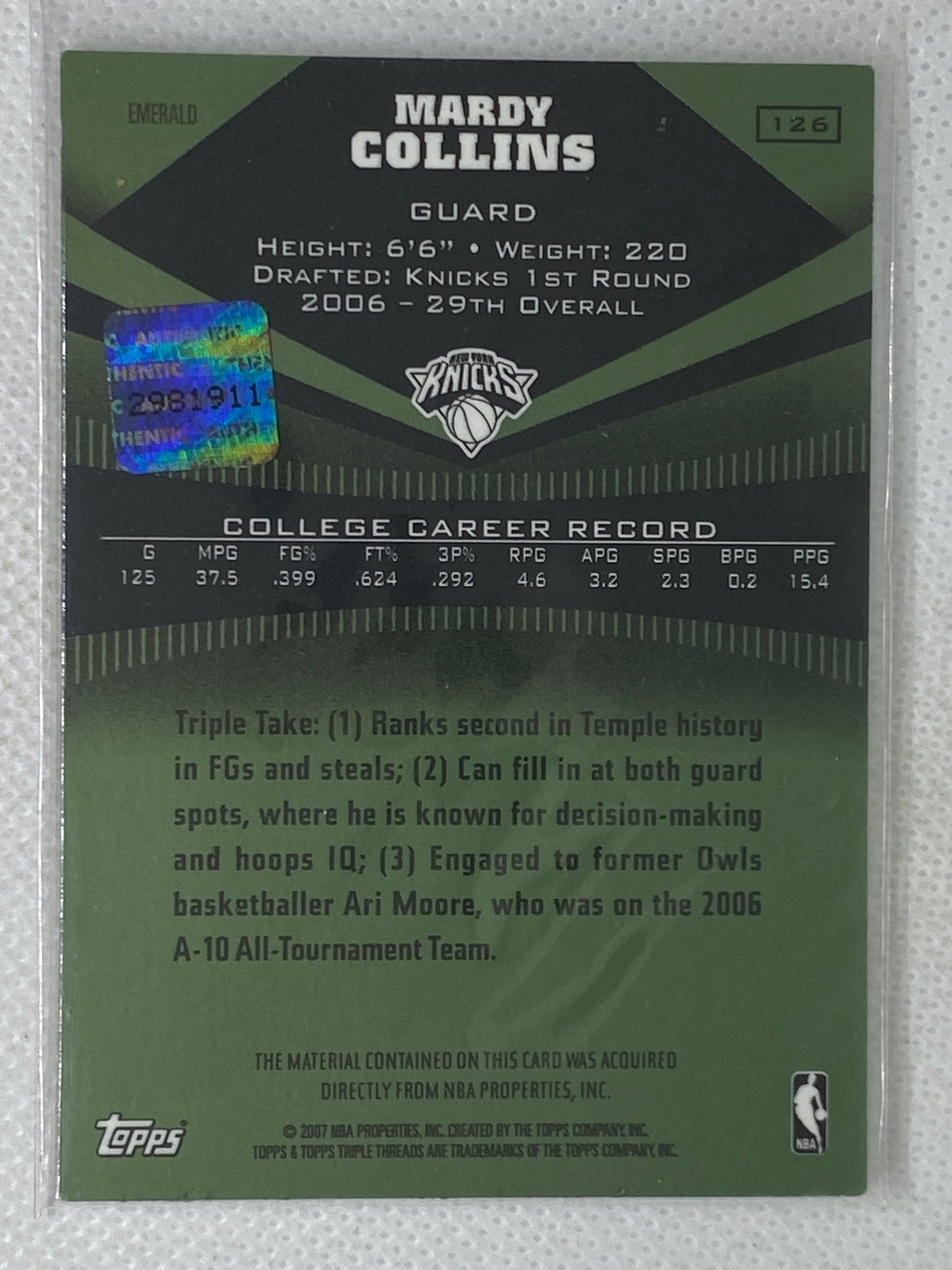 2006-07 Topps Triple Threads Emerald /50 Mardy Collins #126 Rookie Auto RC