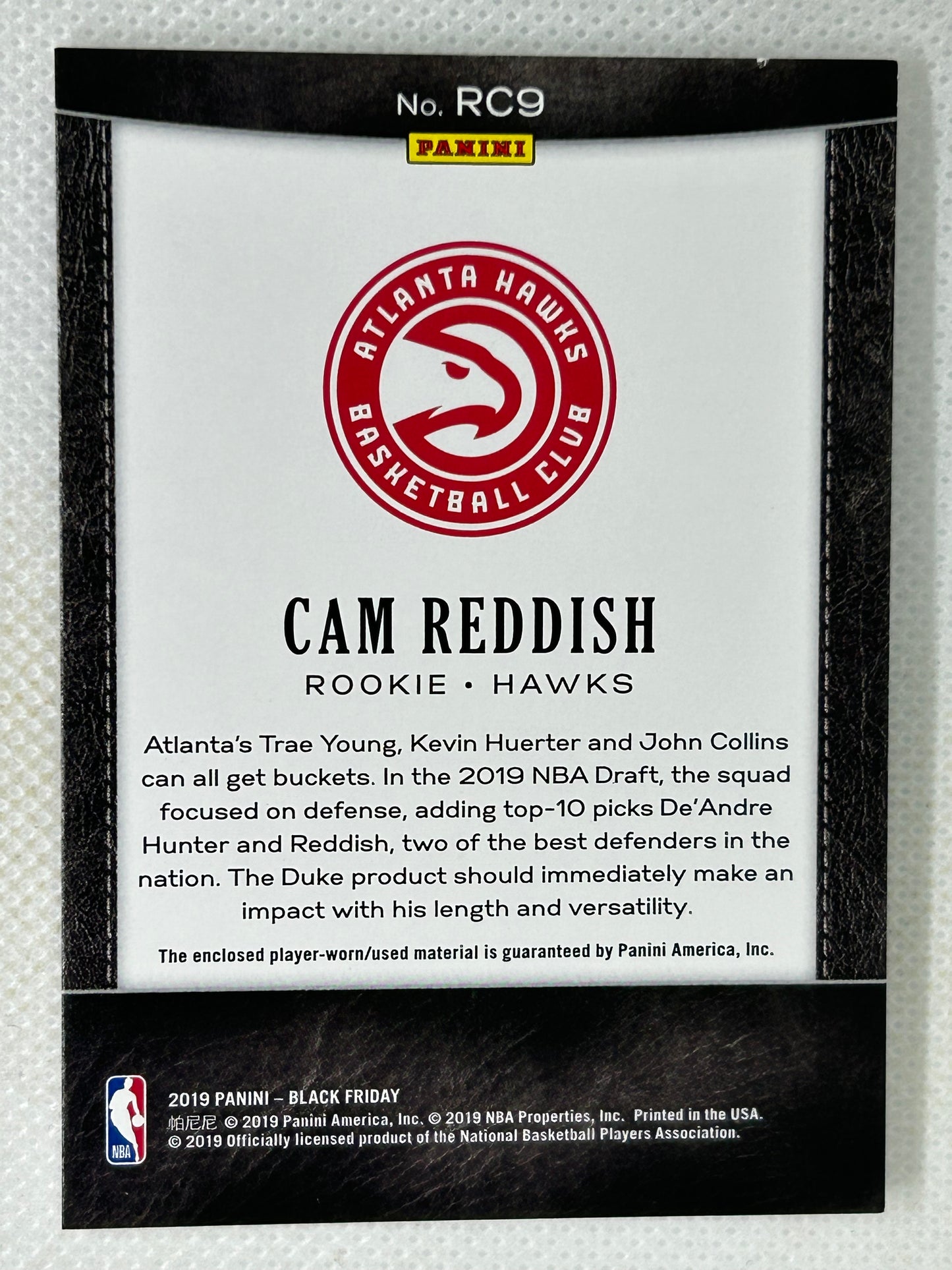 2019-20 Panini Black Friday Patch /5 #RC9 Cam Reddish Atlanta Hawks