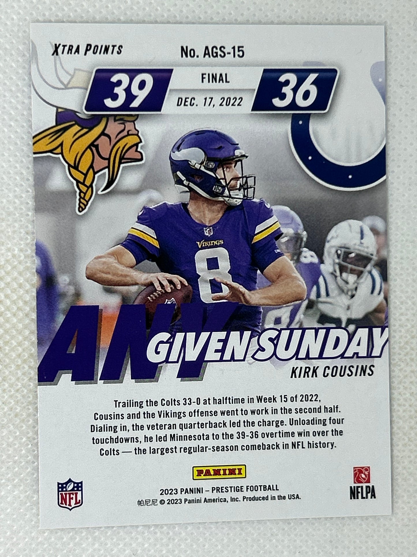 2023 Panini Prestige Any Given Sunday Red Foil /399 Kirk Cousins #AGS-15 Minnesota Vikings