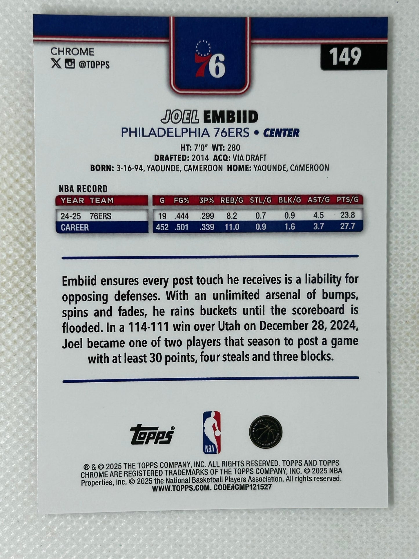 2025-26 Topps Chrome X-Fractor #149 Joel Embiid Philadelphia 76ers