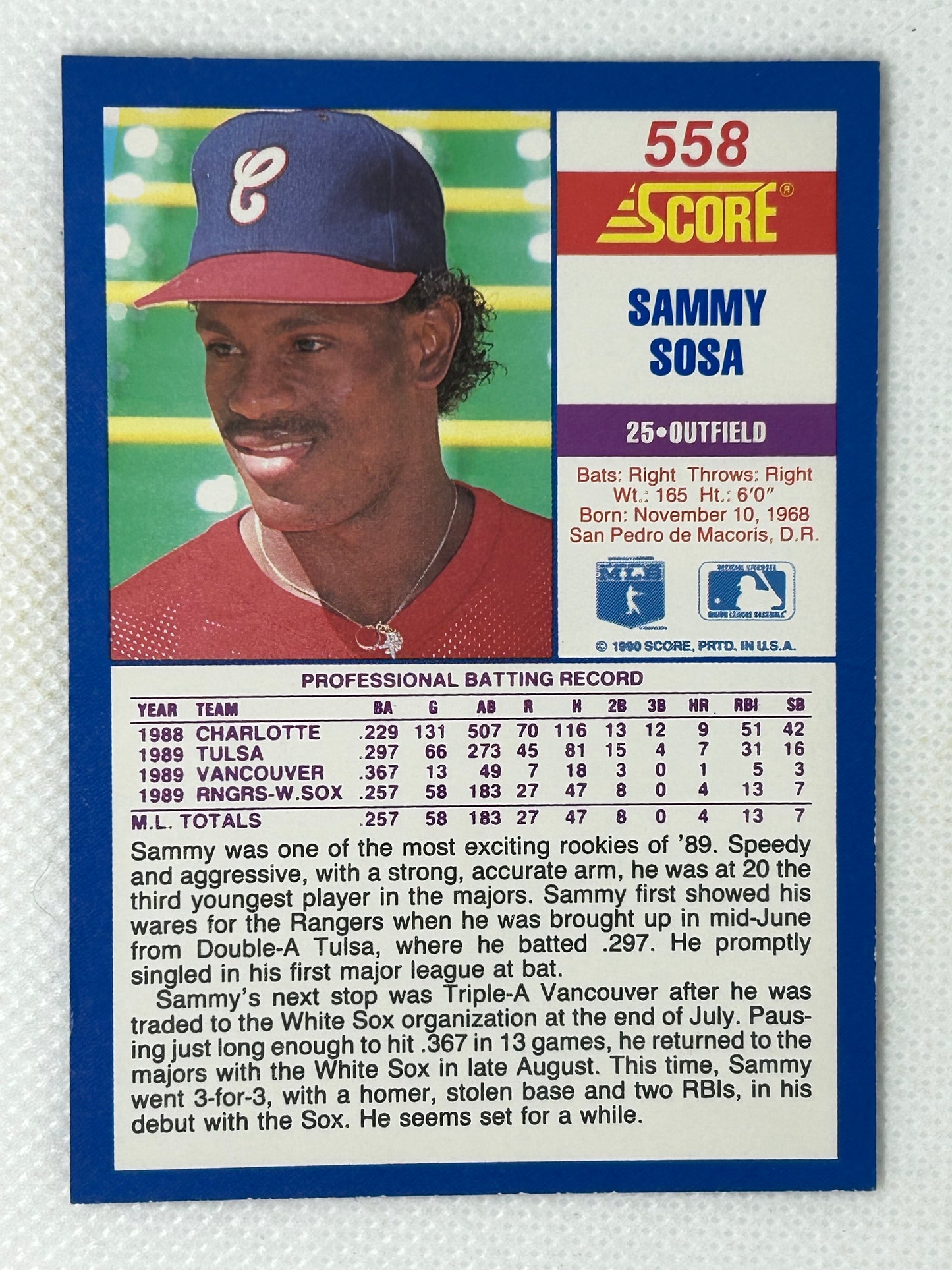 1990 Score #558 Sammy Sosa Rookie Card Chicago Cubs