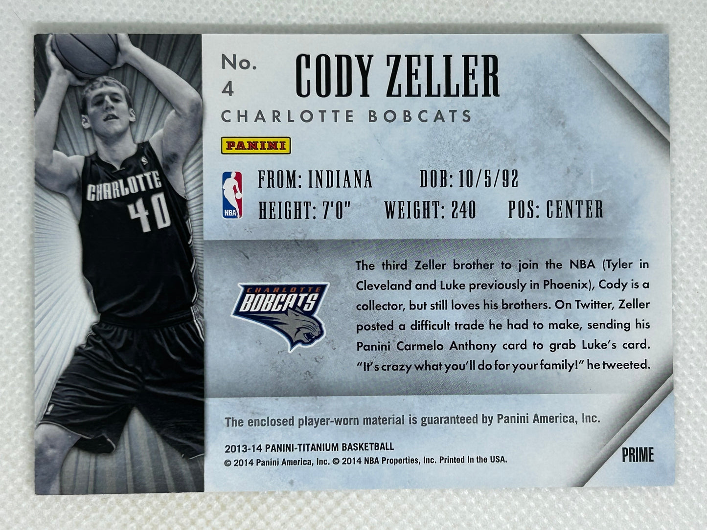 2013-14 Panini Titanium Rookie Jerseys Prime Patch /10 #44 Cody Zeller Charlotte Bobcats