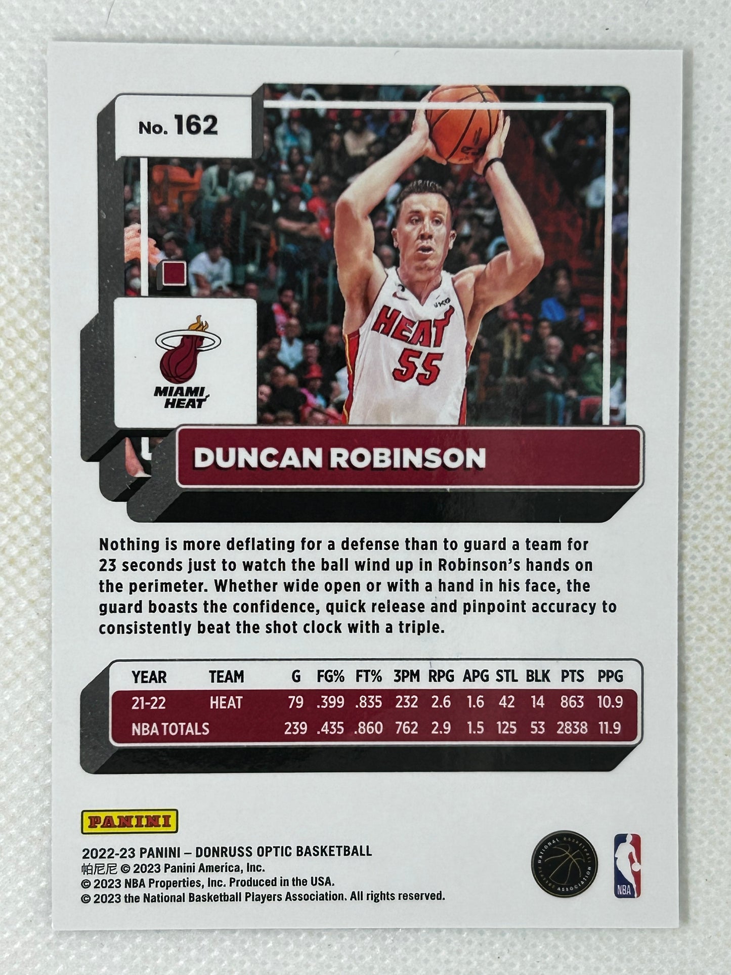 2022-23 Panini Optic #162 Duncan Robinson Miami Heat Signed Card