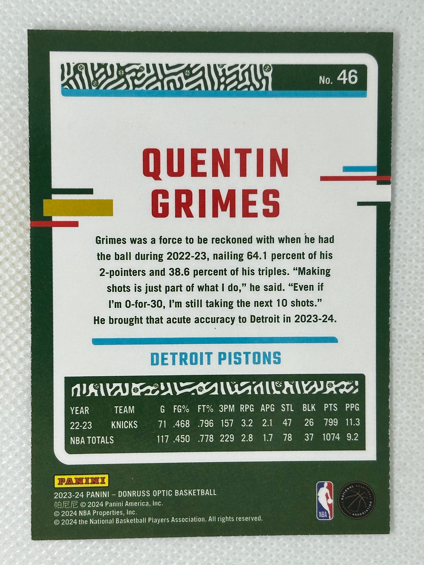 2023-24 Panini Optic Quentin Grimes #46 Detroit Pistons Signed Card