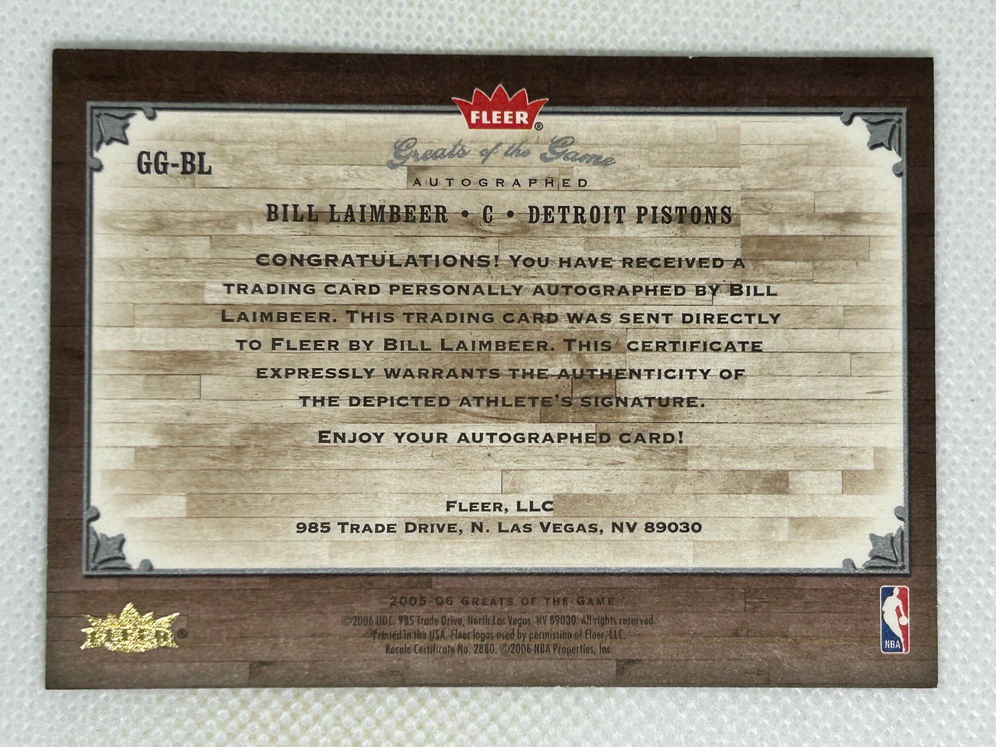 2005-06 Fleer Greats of the Game Bill Lambeer Autograph #GG-BL Detroit Pistons