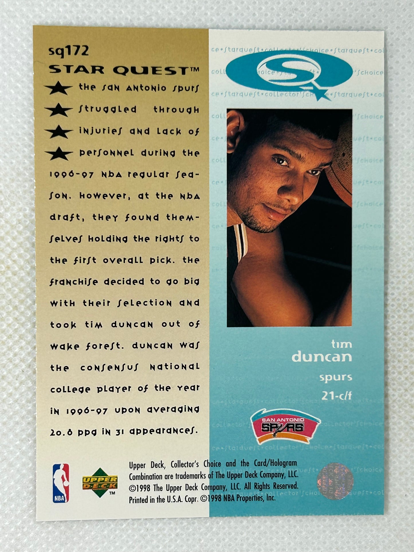 1997-98 Upper Deck Collectors Choice Rookie Starquest #SQ172 Tim Duncan San Antonio Spurs