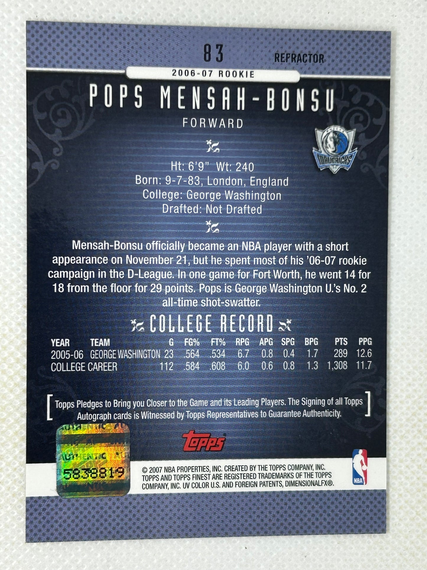2006-07 Topps Finest Rookie Rookie Refractor Autograph Pops Mensah-Bonsu #83 Dallas Mavericks