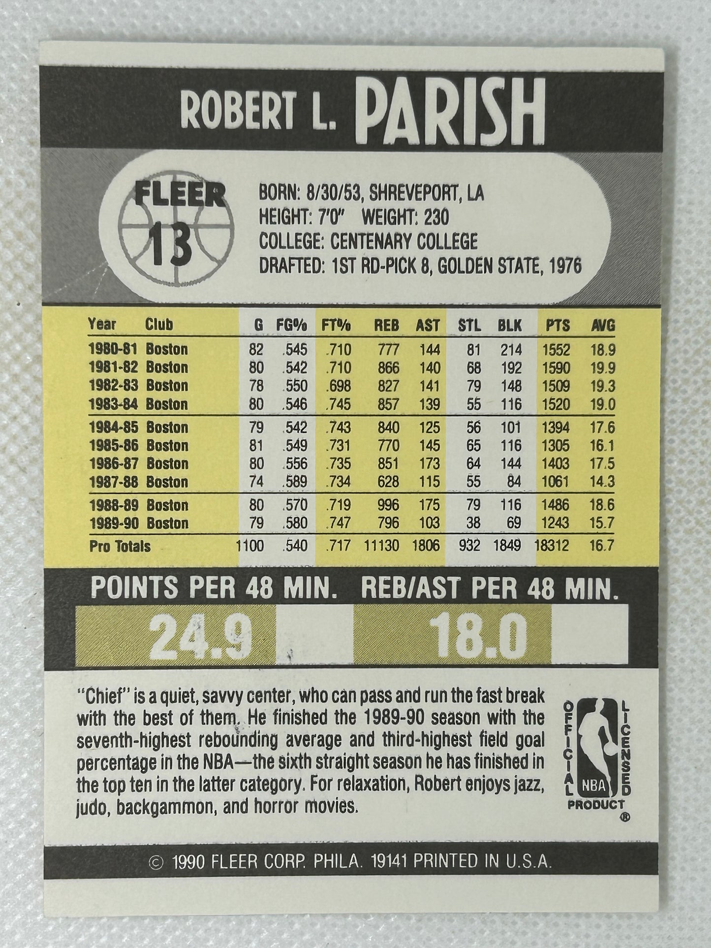 1990-91 Fleer Robert Parish #13 Boston Celtics Signed Card