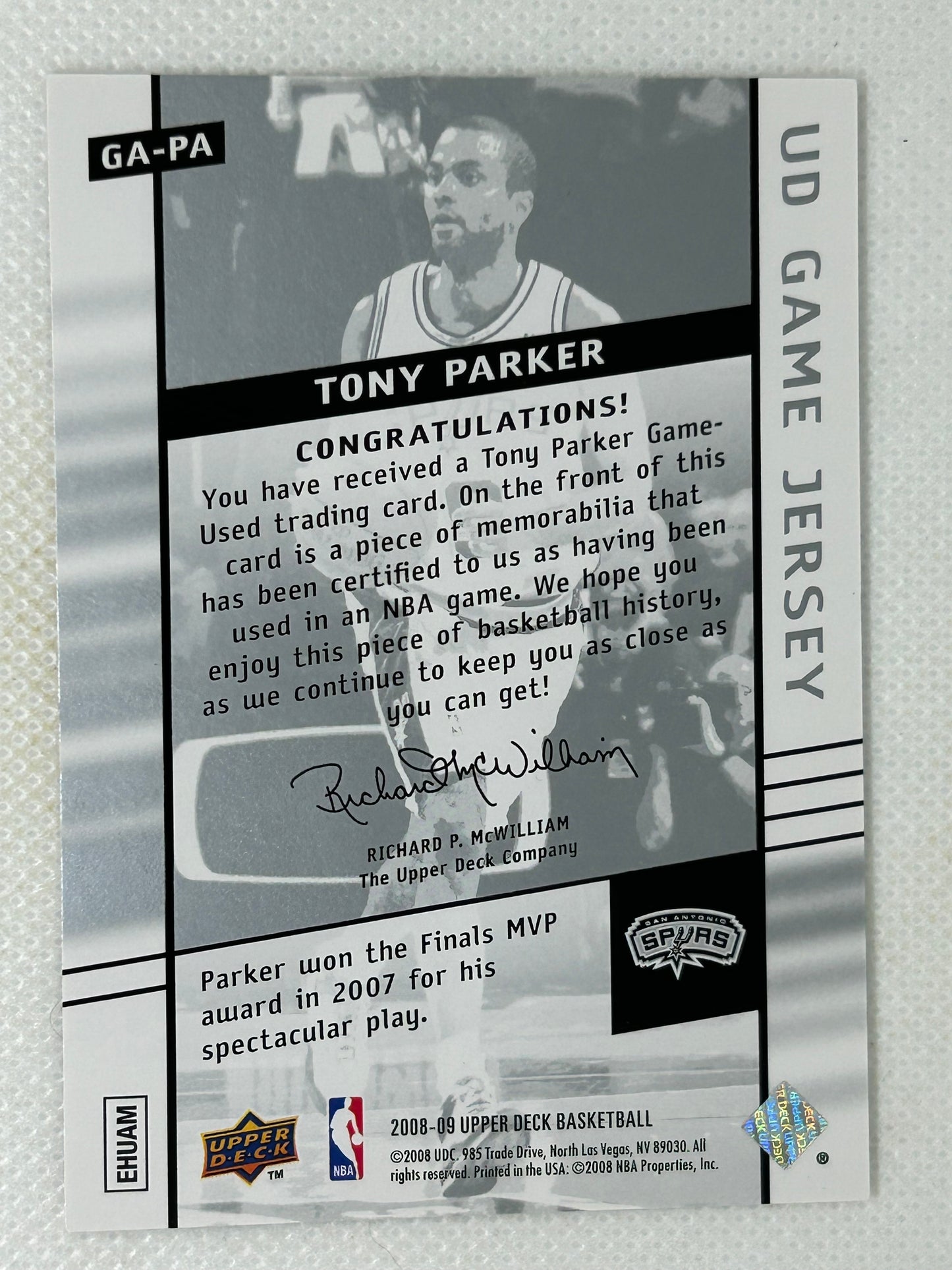 2007-08 Upper Deck Game Jersey Tony Parker #GJ-TP HOF San Antonio Spurs