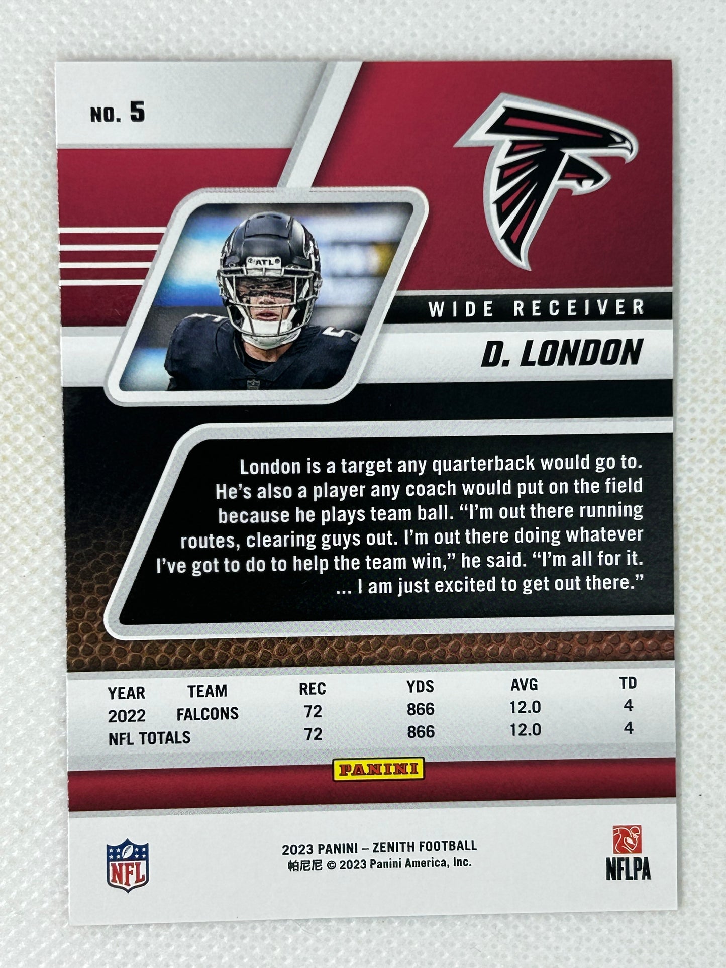 2023 Panini Zenith Drake London #5 Atlanta Falcons