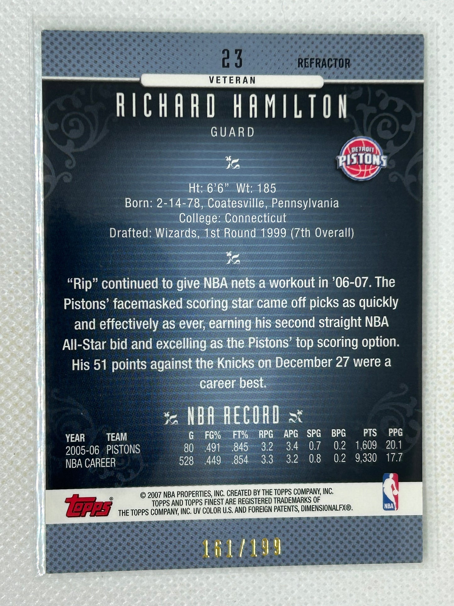 2006-07 Topps Finest Green Refractor /199 Richard Hamilton #23 Detroit Pistons