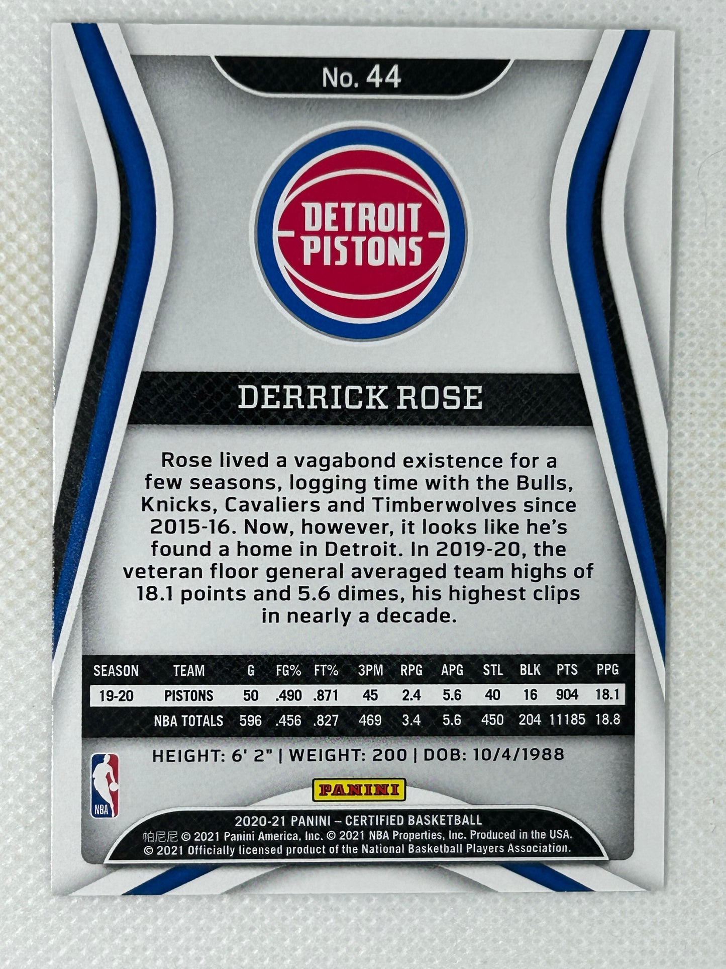 2020-21 Panini Certified #44 Derrick Rose Detroit Pistons