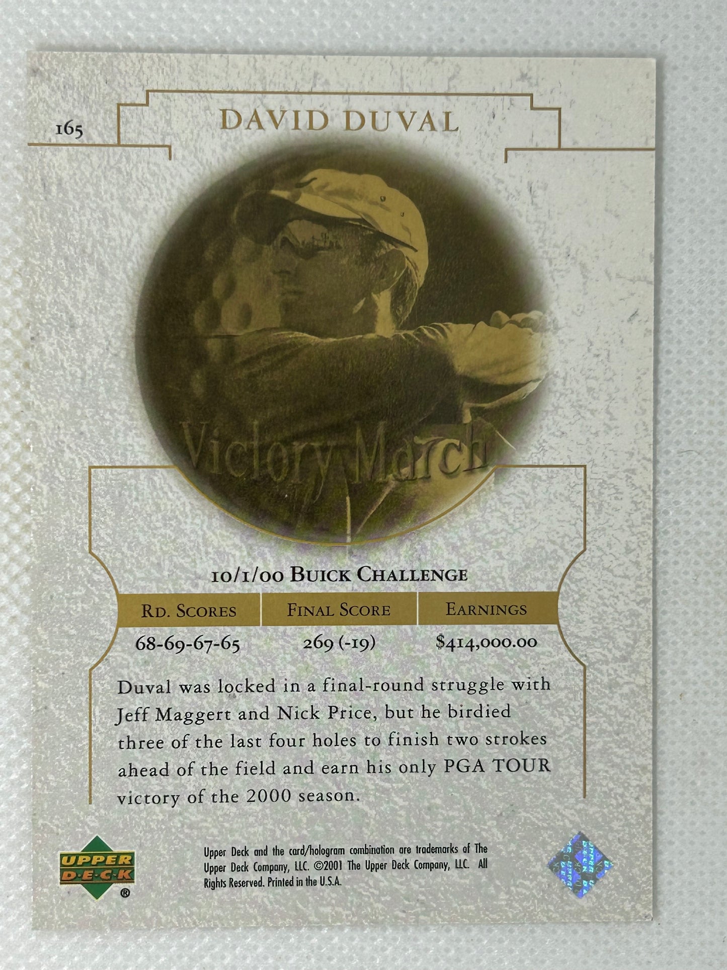 2001 Upper Deck Golf David Duval Victory March Rookie Card #165 Signed Card