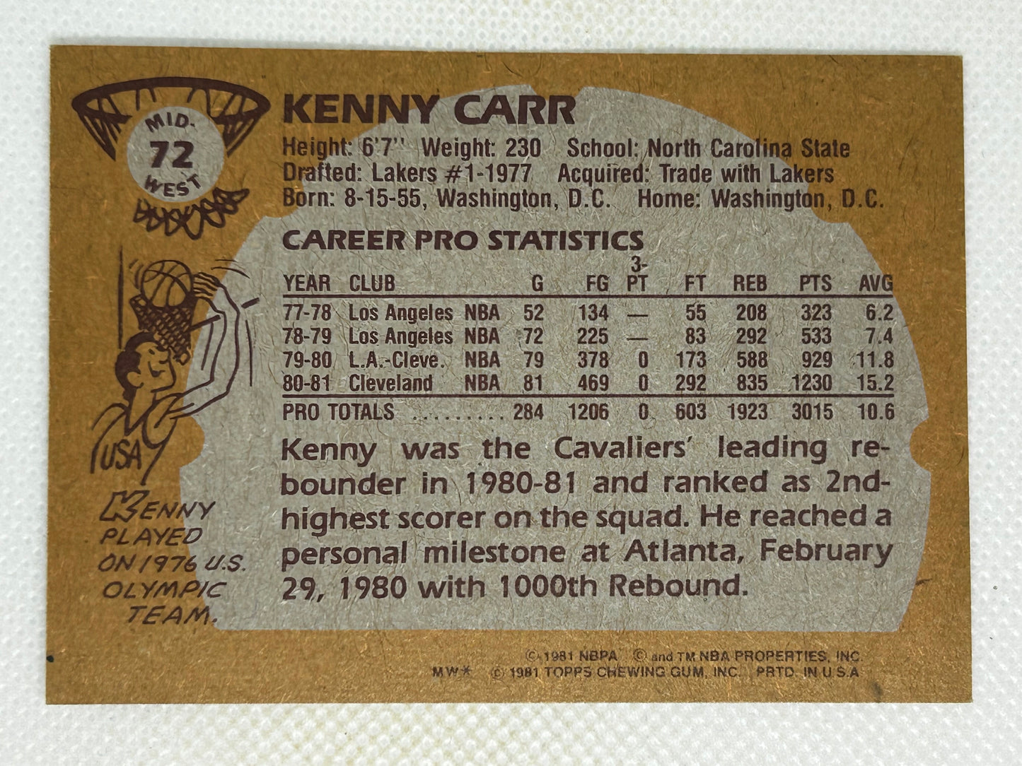 1981-82 Topps Kenny Carr Cleveland Cavaliers #MW72 Signed Card