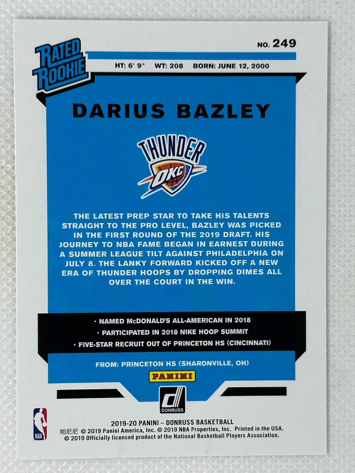 2019 Panini Donruss Rated Rookie Press Proof Silver /349 Darius Bazley #249 Oklahoma City Thunder