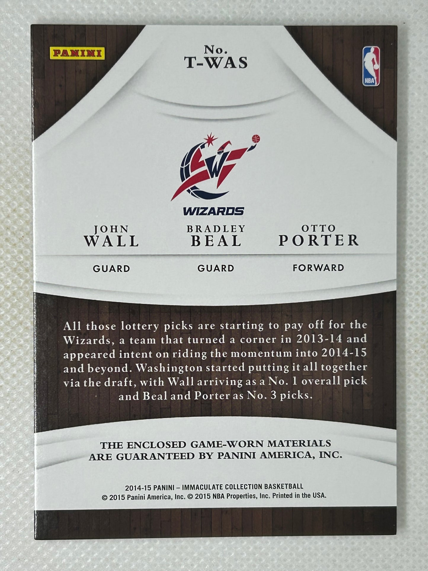 2014-15 Panini Immaculate Trios Relic /75 John Wall Otto Porter Bradley Beal #T-WAS Washington Wizards