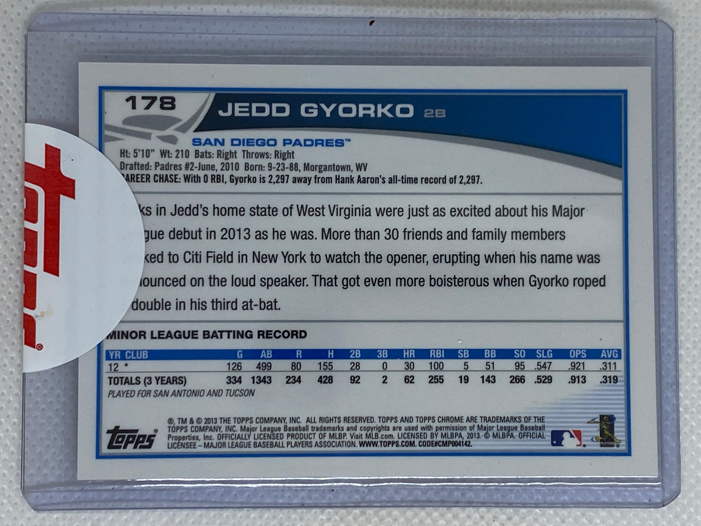 2013 Topps Chrome #178 Jedd Gyorko San Diego Padres Rookie Auto