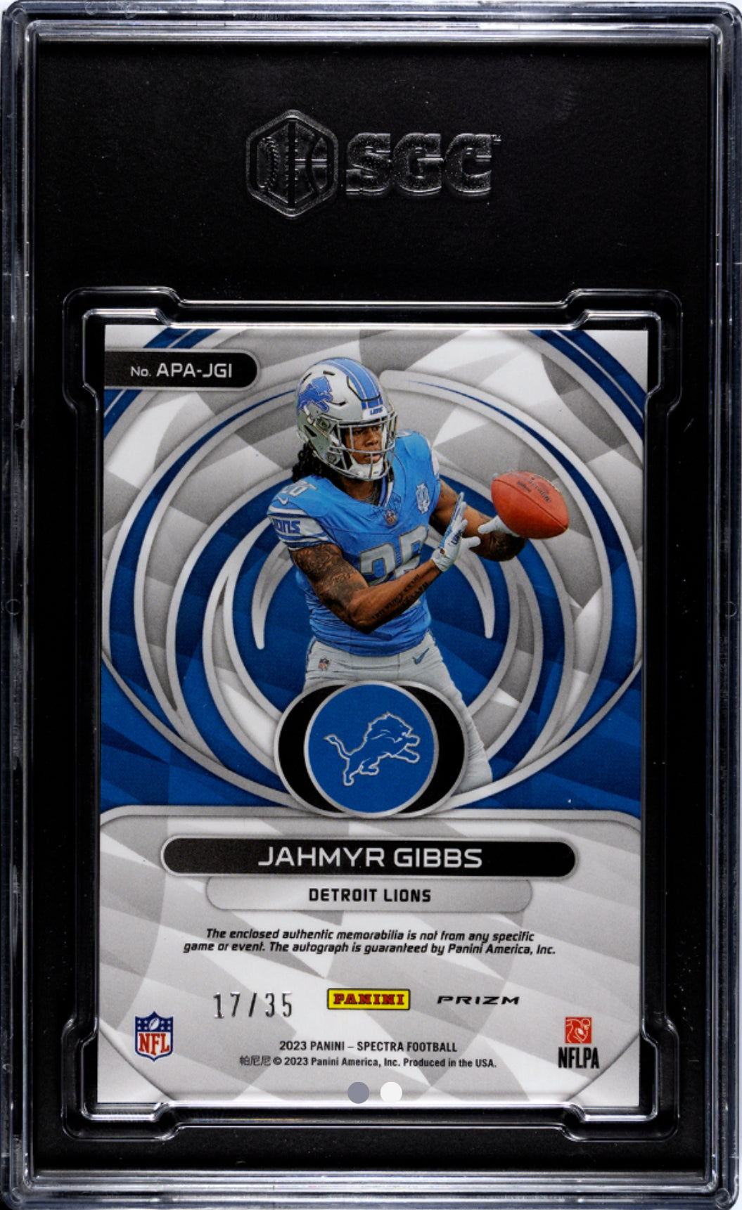 2021 Panini Spectra Neon Green Prizm Aspiring Patch Jahmyr Gibbs API-JGI Autograph /35 SGC 10 Auto Grade 10 Detroit Lions