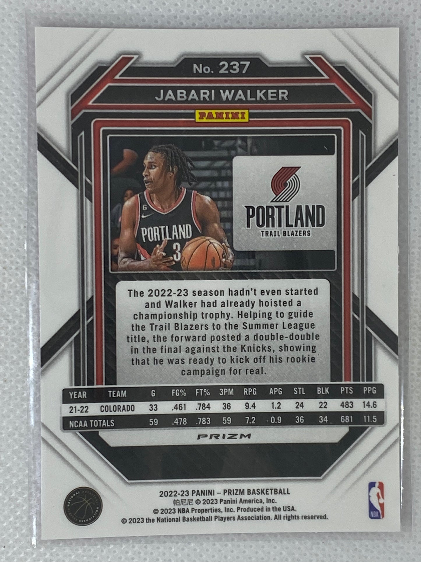 2022-23 Panini Prizm Pink Cracked Ice Jabari Walker #237 Portland Trailblazers