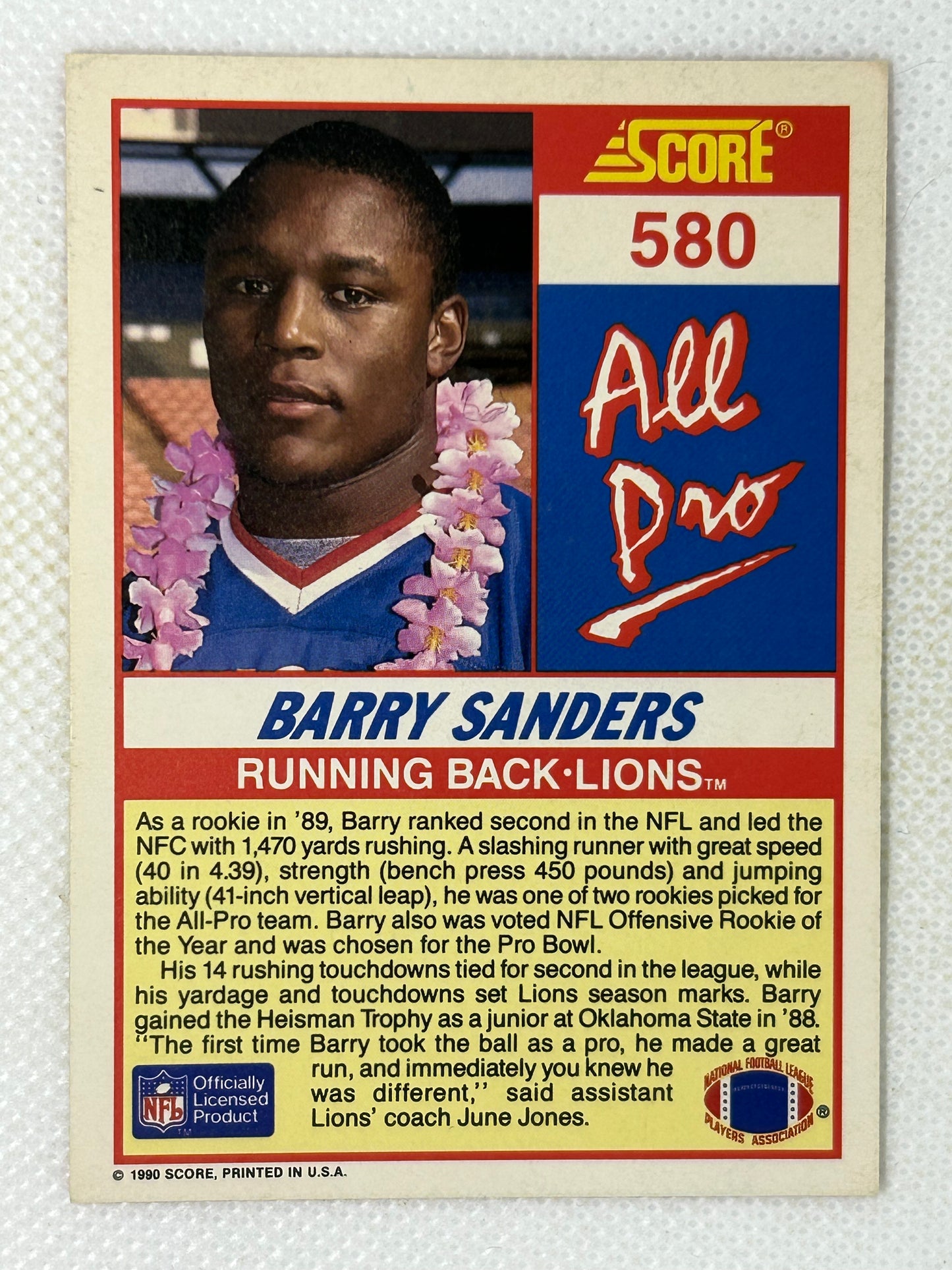 1990 Score Barry Sanders #580 Detroit Lions Signed Card