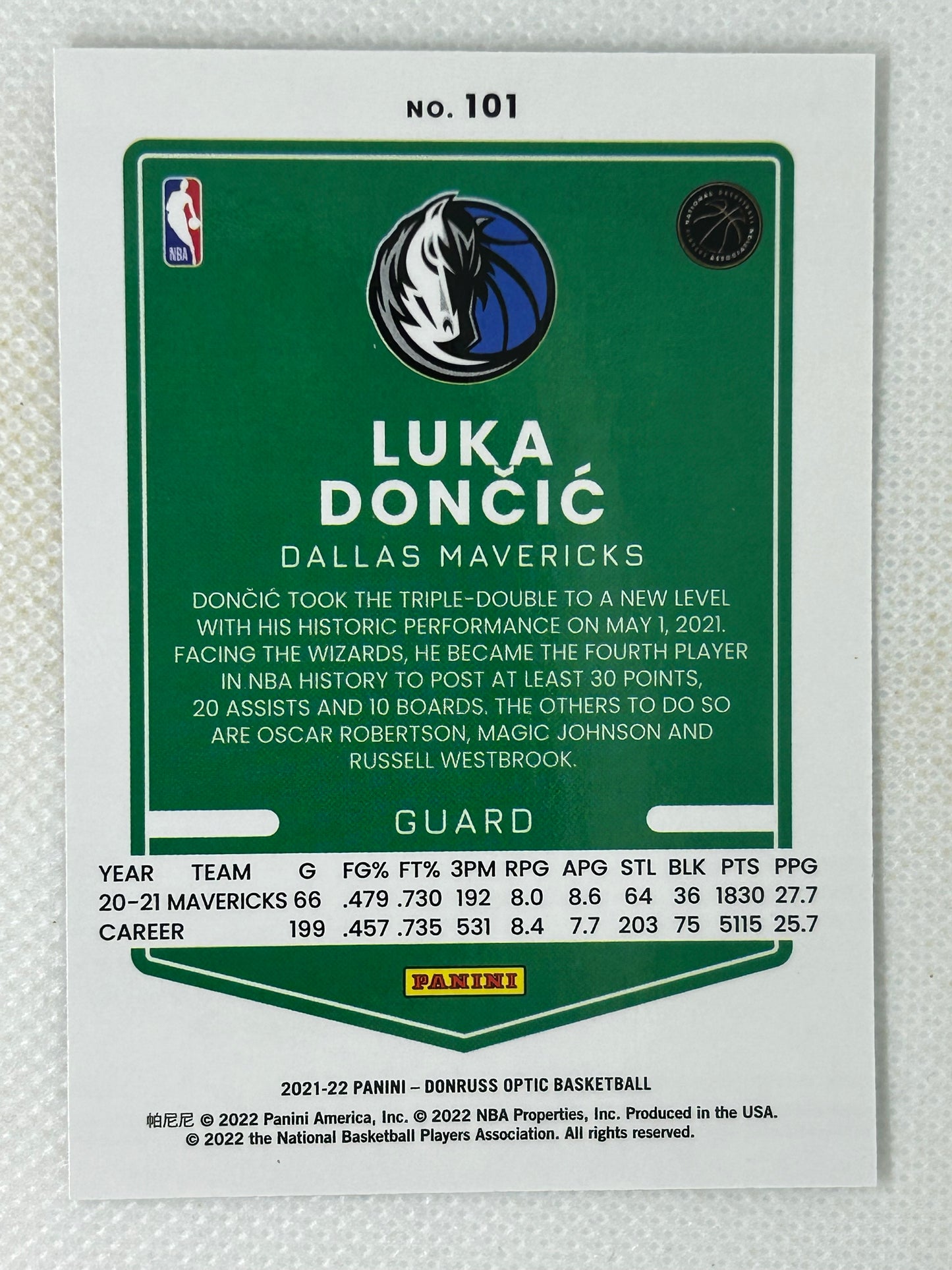 2021-22 Panini Donruss Optic #101 Luka Doncic Dallas Mavericks Signed Card