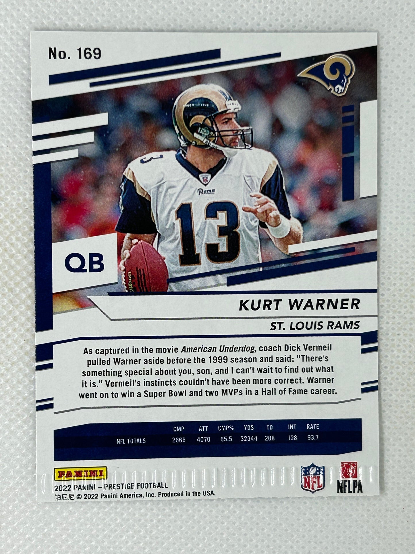 2022 Panini Prestige Base Error Card Crimped Bottom #169 Kurt Warner St. Louis Rams