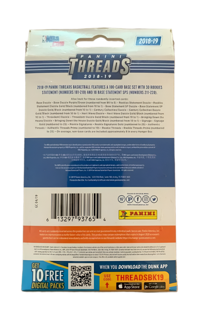 2018/19 Panini Threads Basketball Factory Sealed Hanger Box