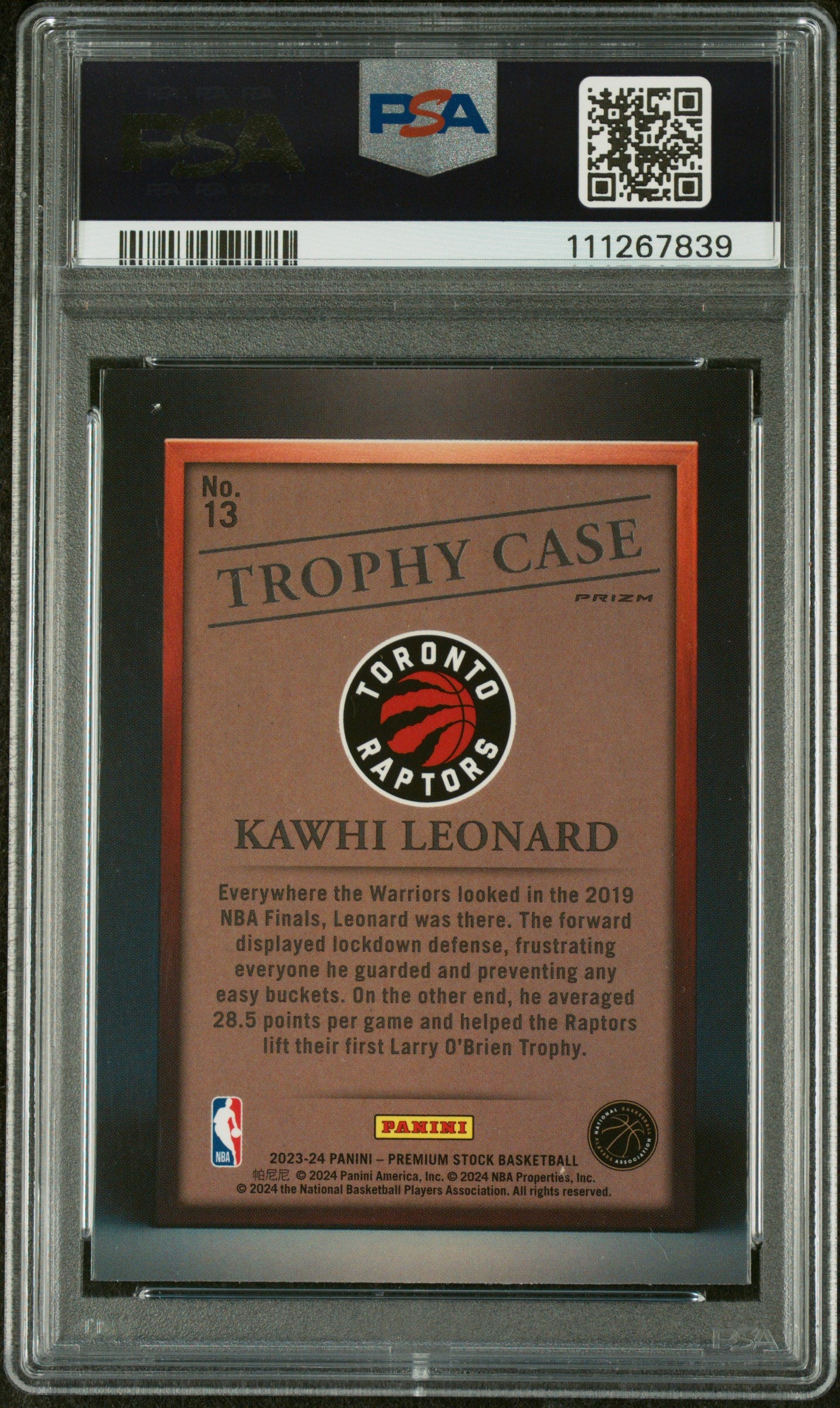 2023-24 Panini Hoops Premium Stock Scope Prizm Trophy Case #13 Kawhi Leonard Toronto Raptors PSA 9 Case Hit