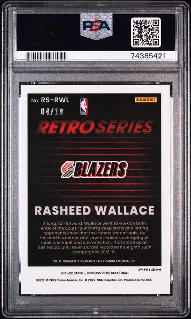 2021-22 Panini Optic Retro Series Gold Autograph /10 Rasheed Wallace #RSRWL Portland Trailblazers PSA 9 Mint