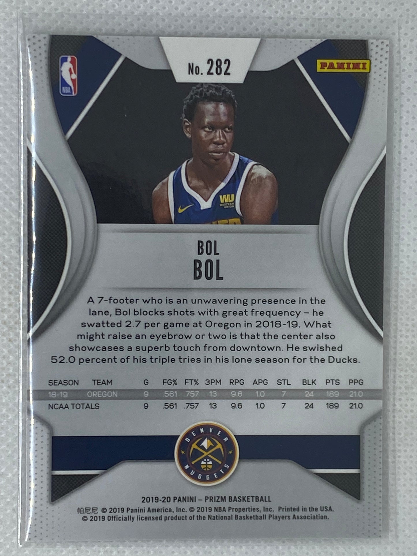 2019-20 Panini Prizm Bol Bol Rookie Denver Nuggets RC #282