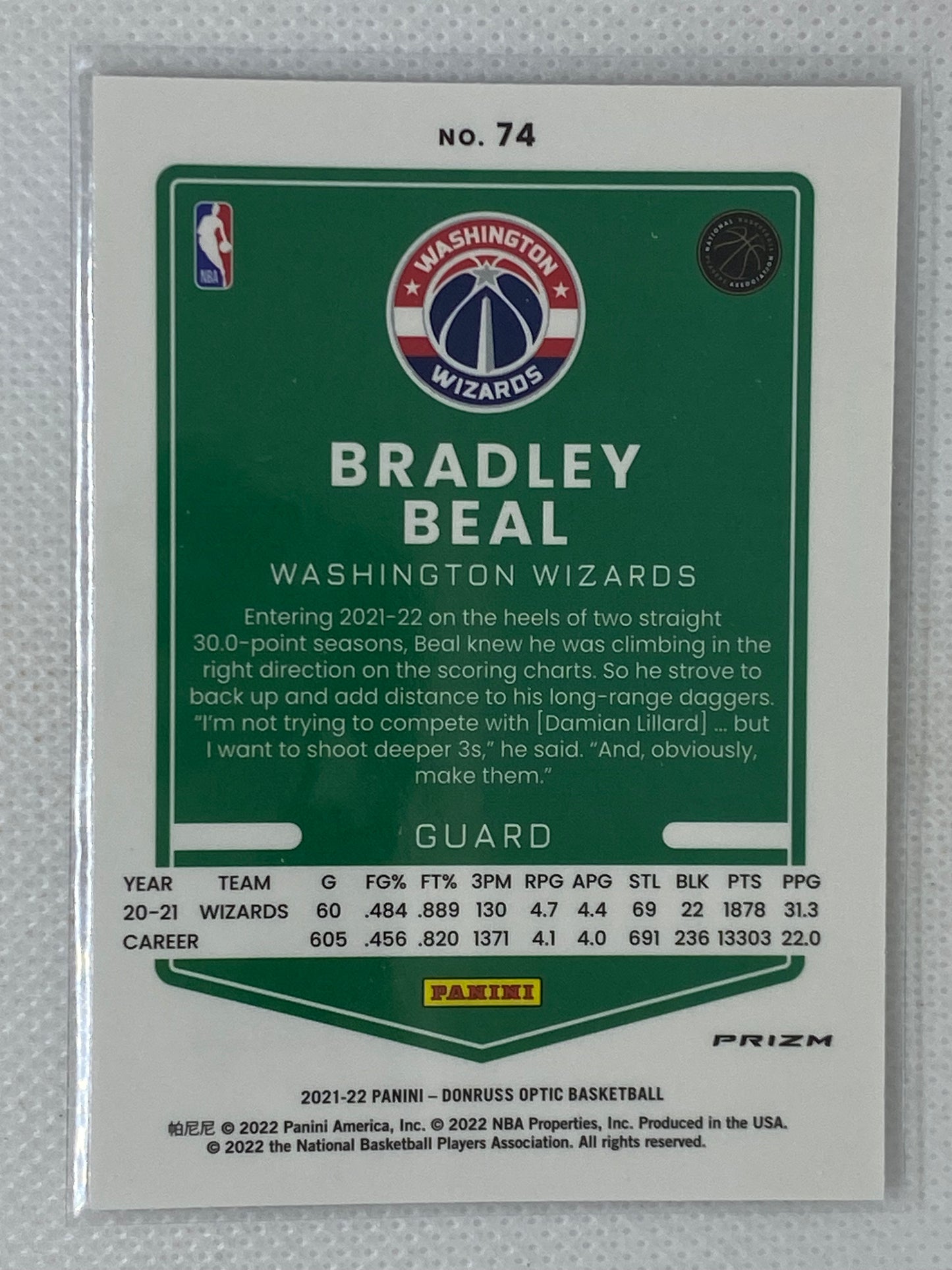 2021-22 Panini Optic Silver Holo Prizm Washington Wizards Bradley Beal #74